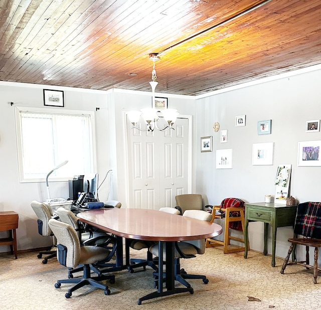 carpeted dining room with an inviting chandelier, wooden ceiling, and crown molding