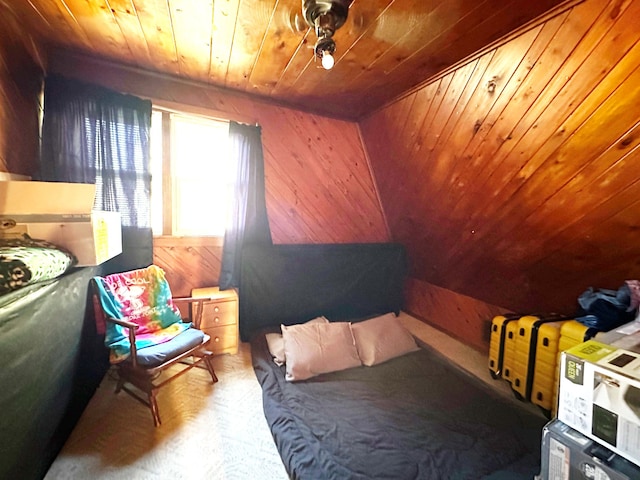 bedroom featuring wood walls, lofted ceiling, and wood ceiling