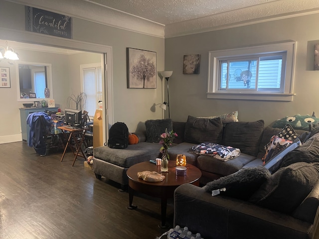 living room with a textured ceiling, hardwood / wood-style flooring, and a notable chandelier