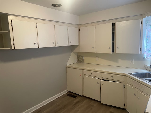 kitchen with white cabinets, dark hardwood / wood-style floors, and sink