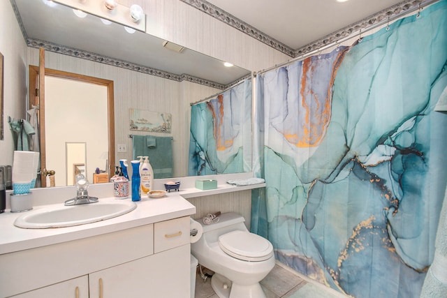 bathroom with tile patterned floors, vanity, toilet, and a shower with curtain