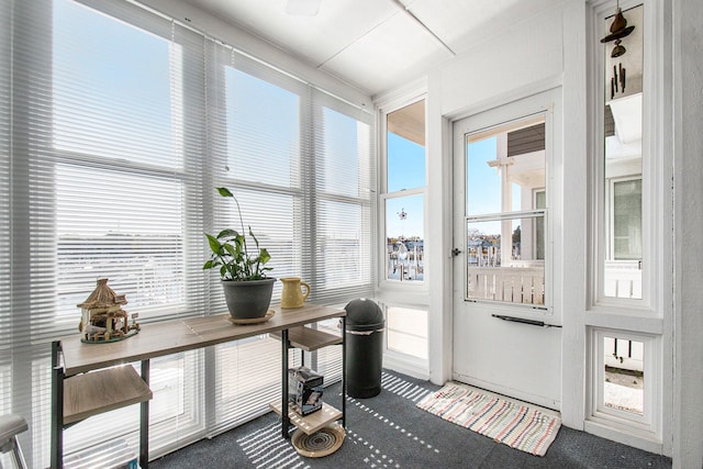 doorway to outside with dark carpet