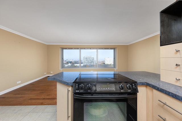 kitchen with black electric range, light brown cabinetry, light hardwood / wood-style flooring, and crown molding