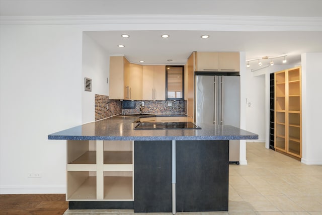 kitchen featuring backsplash, ornamental molding, high quality fridge, kitchen peninsula, and light brown cabinets