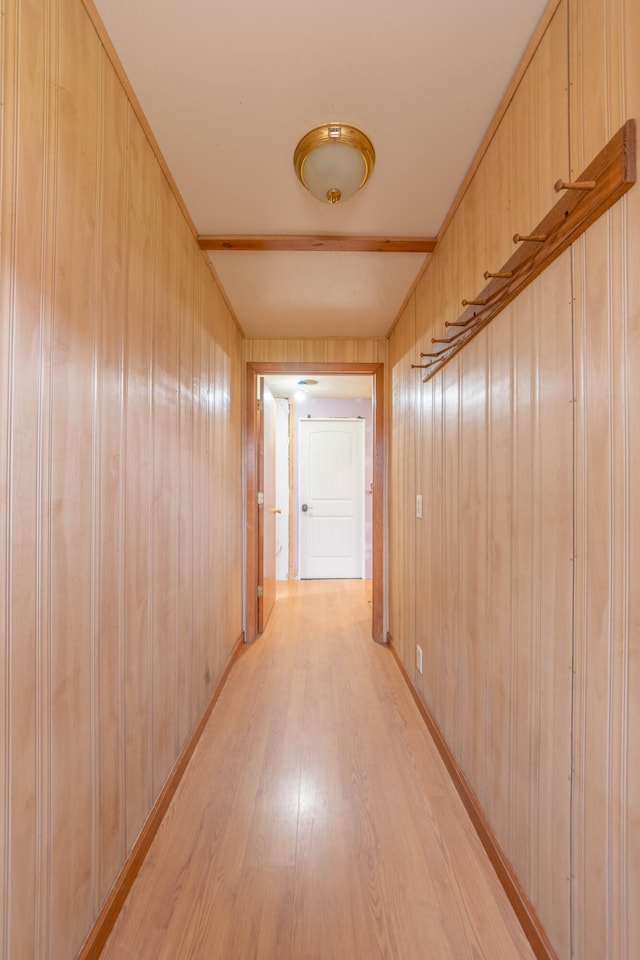 hallway featuring wooden walls and light wood-type flooring