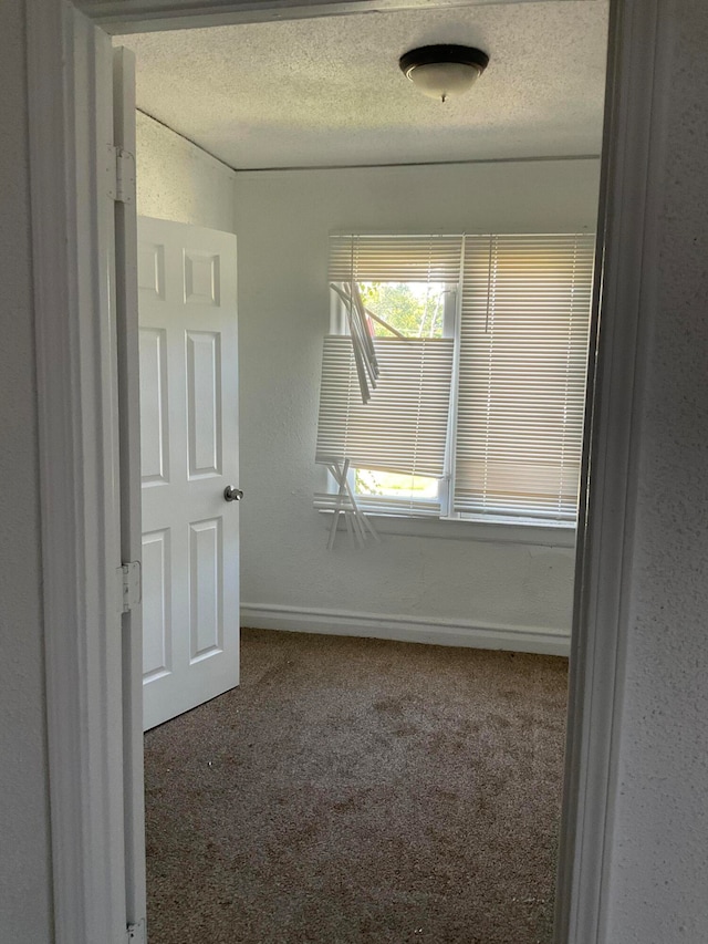 carpeted empty room featuring a textured ceiling