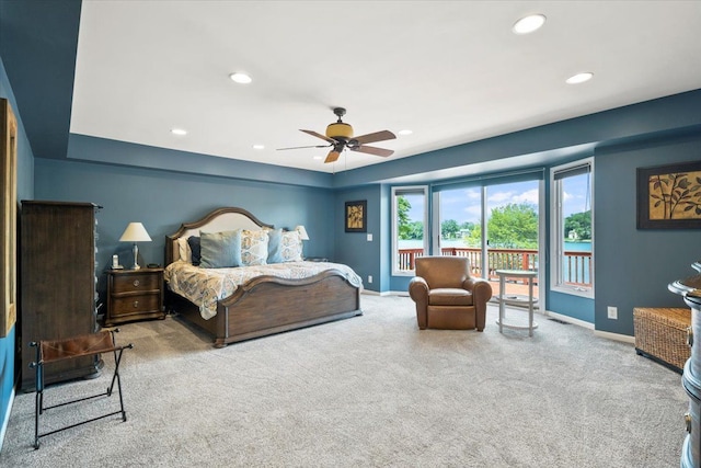 bedroom featuring access to exterior, ceiling fan, and carpet