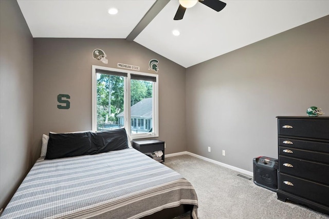 bedroom featuring carpet flooring, ceiling fan, and lofted ceiling