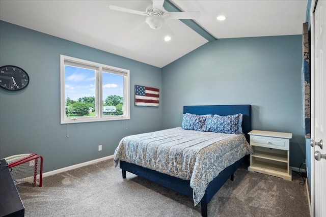 carpeted bedroom with ceiling fan and lofted ceiling