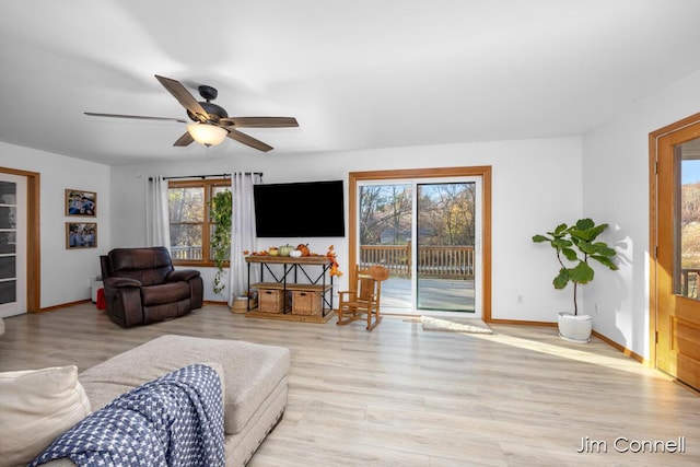 living room featuring ceiling fan and light wood-type flooring