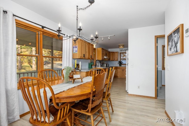 dining area with a notable chandelier, light hardwood / wood-style floors, and rail lighting