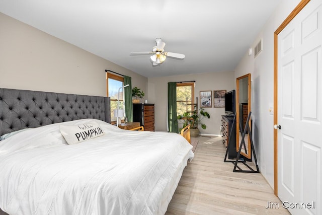 bedroom with ceiling fan and light wood-type flooring