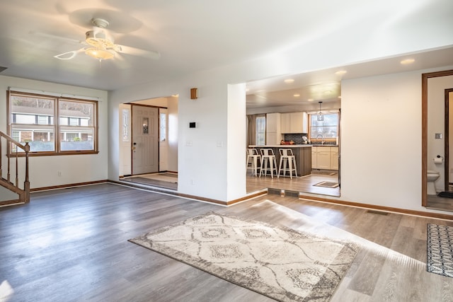 entrance foyer with ceiling fan, wood-type flooring, and sink