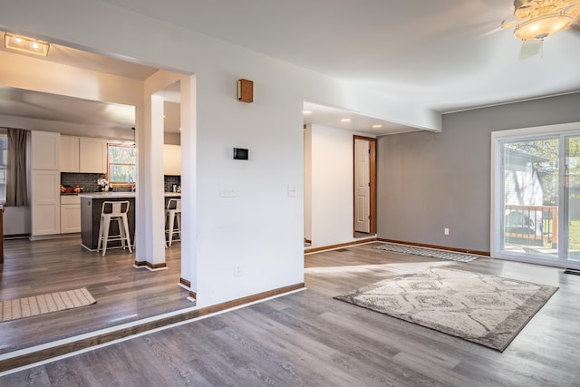 living room featuring ceiling fan and wood-type flooring