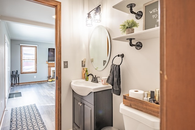 bathroom featuring vanity, wood-type flooring, and toilet