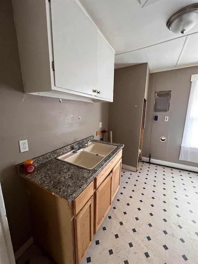 kitchen with electric panel, sink, and dark stone countertops