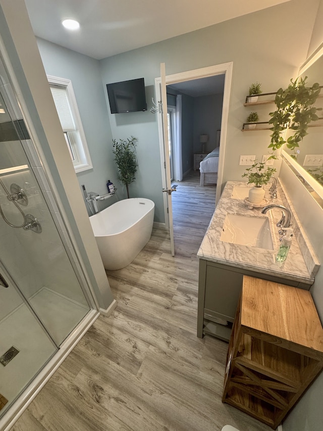 bathroom with vanity, plus walk in shower, and wood-type flooring