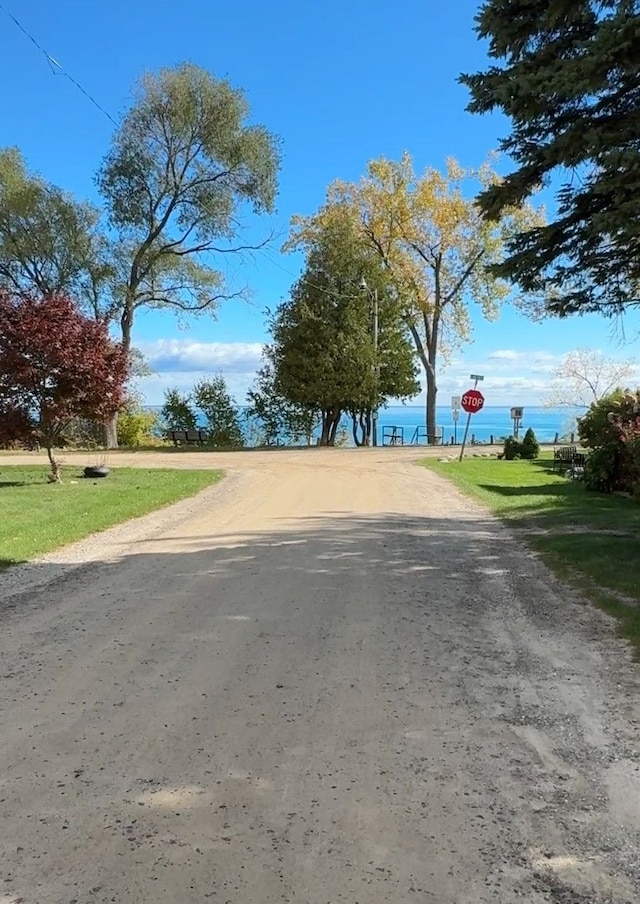 view of street with a water view