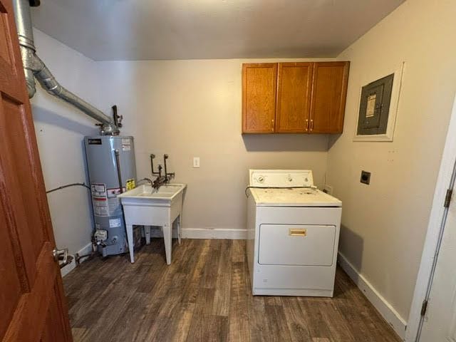 washroom with cabinets, dark wood-type flooring, electric panel, water heater, and washer / clothes dryer