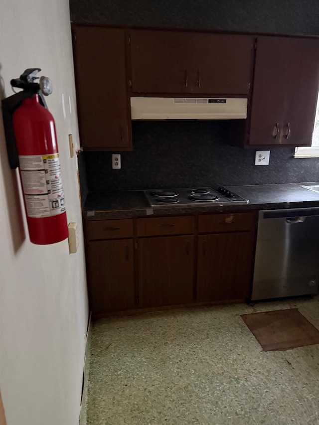 kitchen with stainless steel dishwasher, dark brown cabinets, cooktop, and range hood