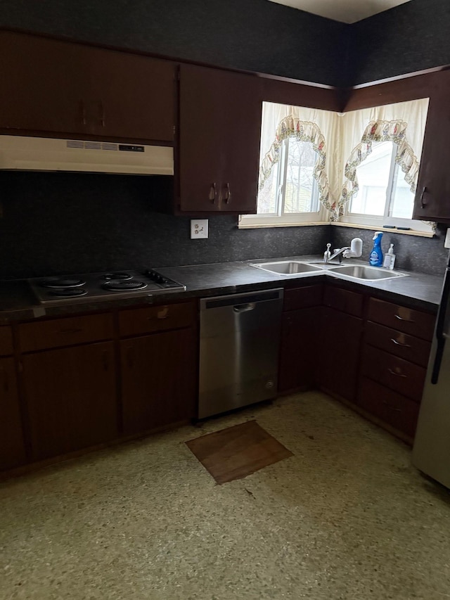 kitchen featuring dishwasher, dark brown cabinets, sink, and exhaust hood