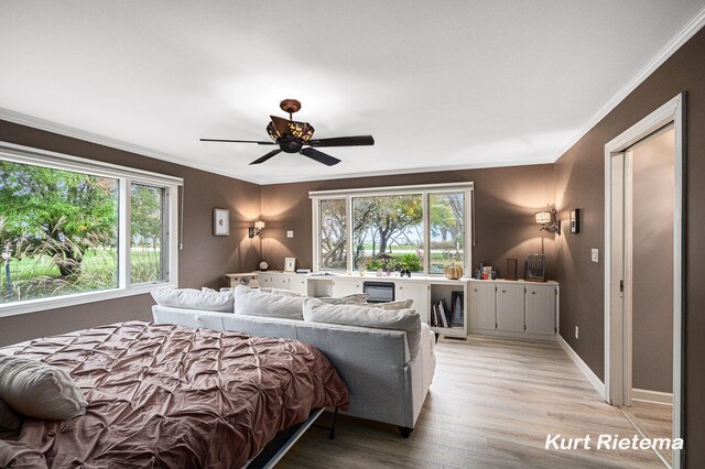 3205 Lakeshore Dr, Saint Joseph, MI 49085 - bedroom with ornamental molding, multiple windows, light wood-type flooring, ceiling fan, and baseboards