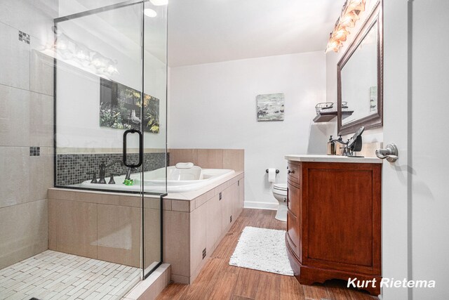 3205 Lakeshore Dr, Saint Joseph, MI 49085 - bathroom featuring vanity, a stall shower, a bath, toilet, and wood finished floors