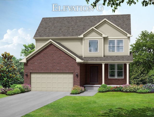 view of front of property featuring a garage and a front lawn