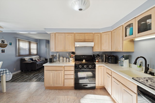 kitchen with light brown cabinets, sink, and black appliances