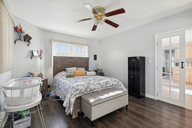 bedroom featuring ceiling fan and dark wood-type flooring