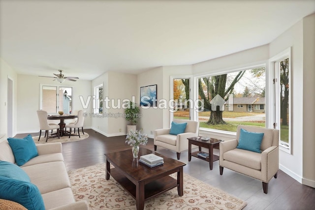 living room featuring hardwood / wood-style floors and ceiling fan