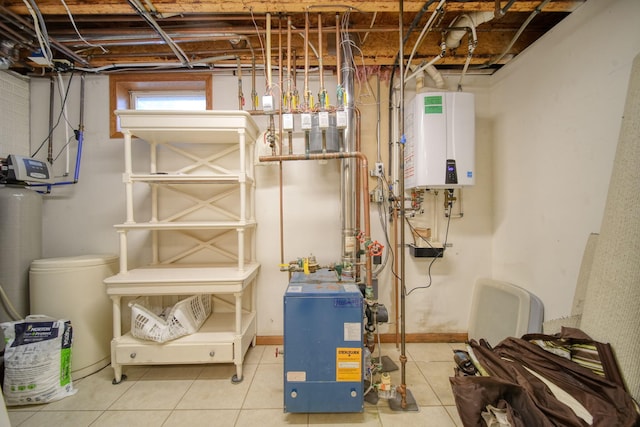 utilities featuring tankless water heater and a heating unit