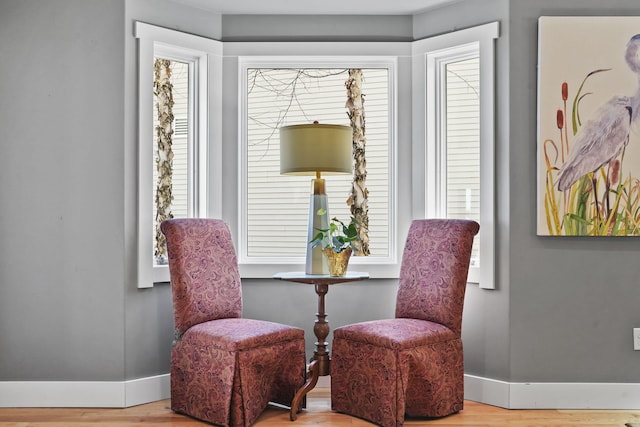 sitting room with baseboards and wood finished floors