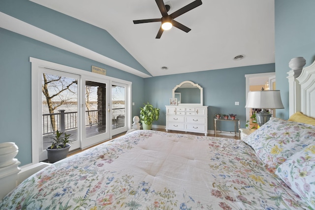 bedroom featuring visible vents, access to outside, baseboards, lofted ceiling, and ceiling fan