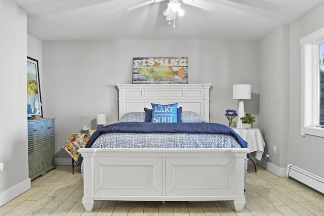 bedroom featuring a ceiling fan, light wood-type flooring, baseboards, and a baseboard radiator