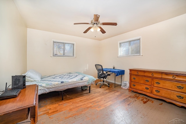 bedroom with light hardwood / wood-style flooring, multiple windows, and ceiling fan