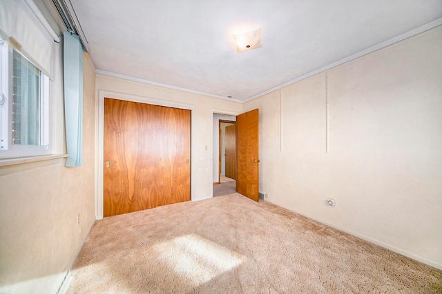 unfurnished bedroom featuring carpet flooring, crown molding, and a closet