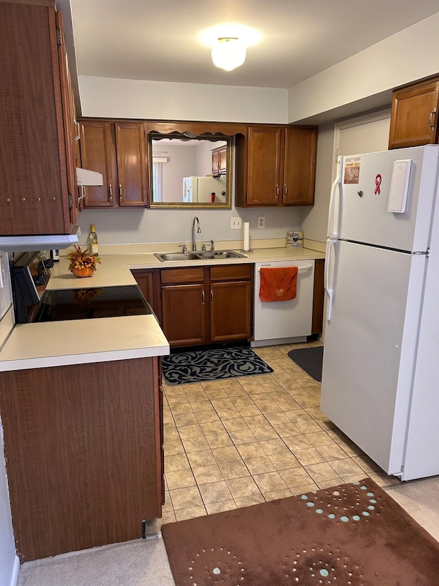 2369 E Golden Shores Dr, Fenton, MI 48430 - kitchen featuring white appliances, a sink, ventilation hood, light countertops, and light tile patterned floors