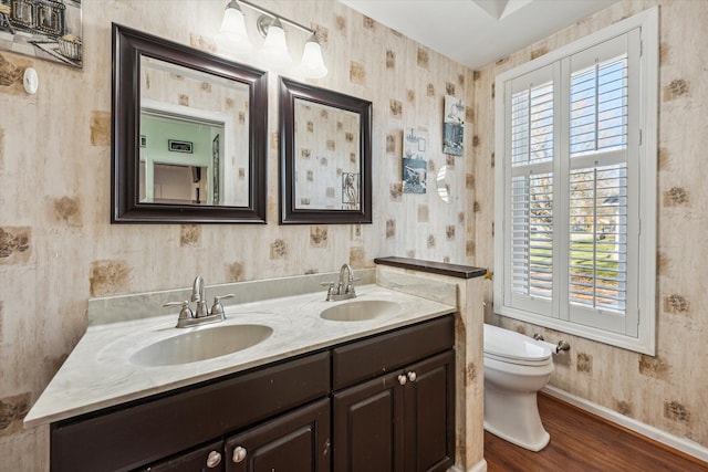 bathroom with hardwood / wood-style flooring, vanity, and toilet