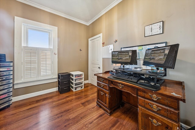 office area featuring ornamental molding and dark wood-type flooring