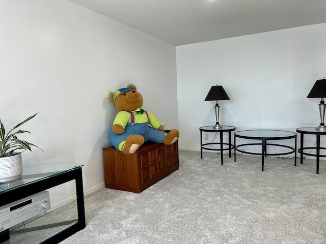 living area featuring baseboards and carpet flooring