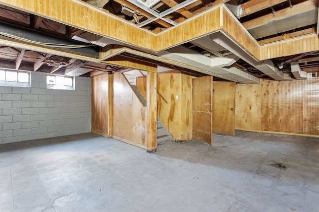 basement featuring wooden walls