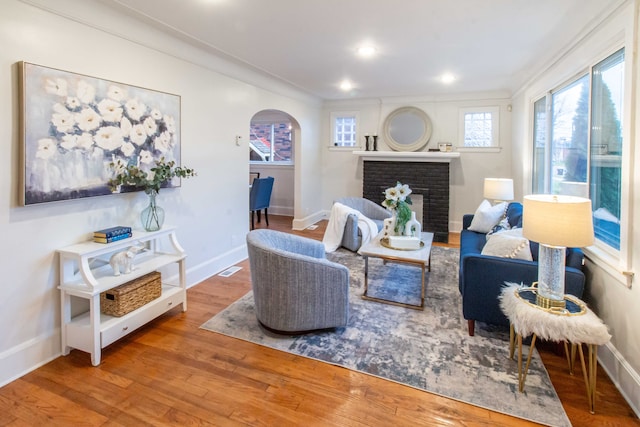 living room featuring a fireplace, hardwood / wood-style floors, and crown molding