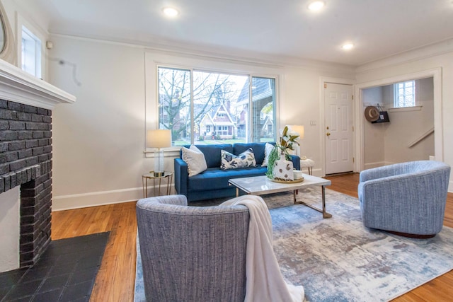 living room with a fireplace, wood-type flooring, crown molding, and a healthy amount of sunlight