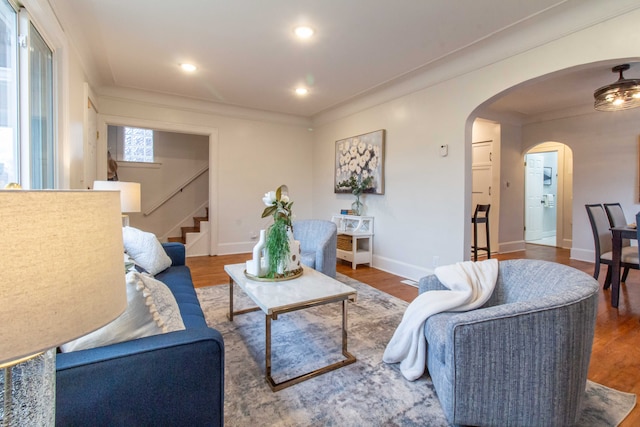 living room with dark hardwood / wood-style floors and ornamental molding