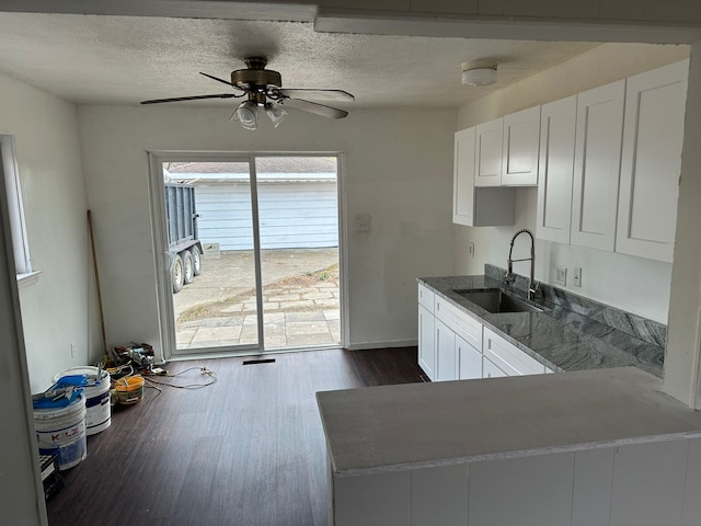 25741 Champaign St, Taylor, MI 48180 - kitchen with a sink, white cabinetry, dark wood-style floors, a ceiling fan, and a textured ceiling