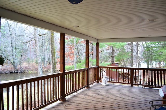 wooden deck featuring a water view