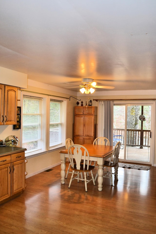 dining room featuring ceiling fan and dark wood-type flooring