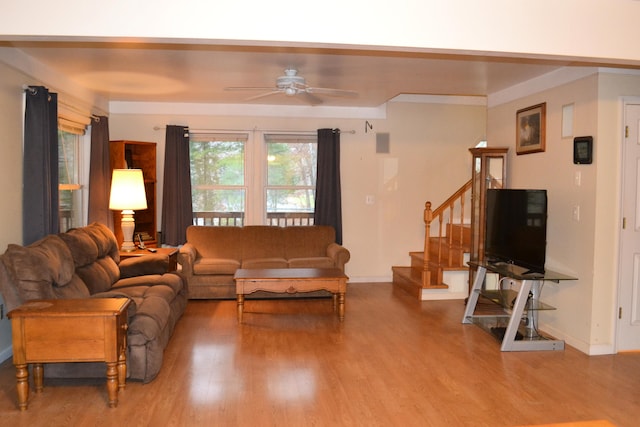 living room featuring ceiling fan and wood-type flooring