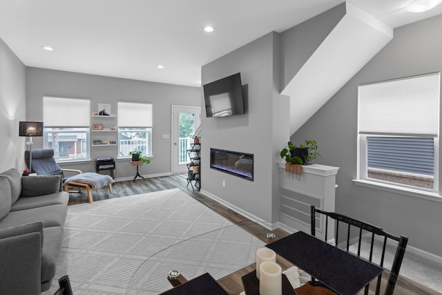 living room with wood-type flooring and lofted ceiling